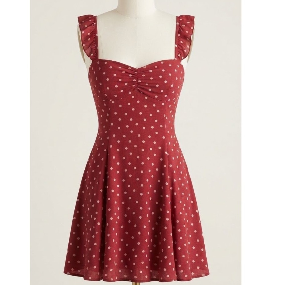 No Boundaries Burgundy Red Polka Dot Mesh Mini Dress Ruffle Sweetheart L NWT